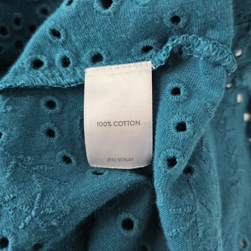 J. Jill Shift Dress XSmall Teal Eyelet Scallop Hem 3/4 Sleeve Cotton Knee Length - Picture 8 of 9